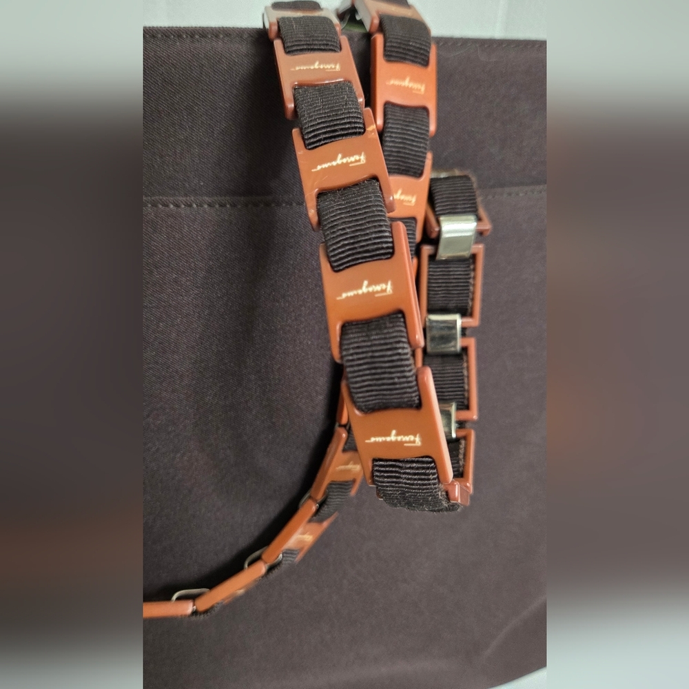 NWOT Salvatore Ferragamo Tote in Brown Nylon with Orange Vara Chain Straps - Picture 6 of 8